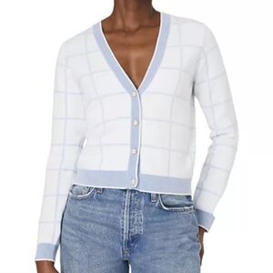 French Connection blue and white check cardigan size large pearl buttons repair